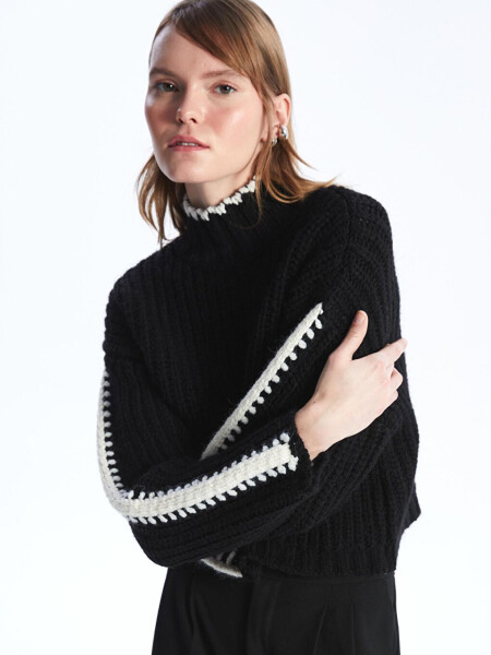 Bologna - Contrast Detail Relaxed Fit Turtleneck Knit Sweater - Black - 8