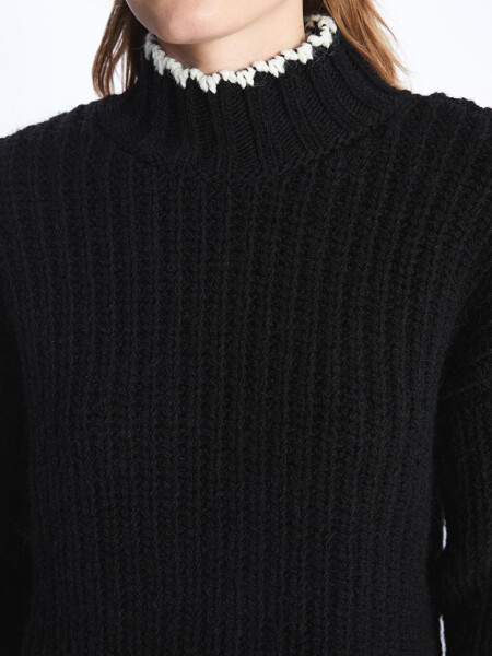 Bologna - Contrast Detail Relaxed Fit Turtleneck Knit Sweater - Black - 4