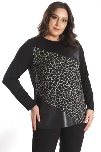 Большая блузка с кожаной отделкой спереди, черная - 4