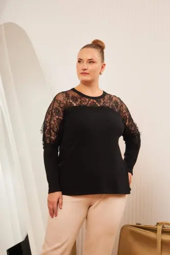 Большая блузка с кружевной отделкой, черная - 3