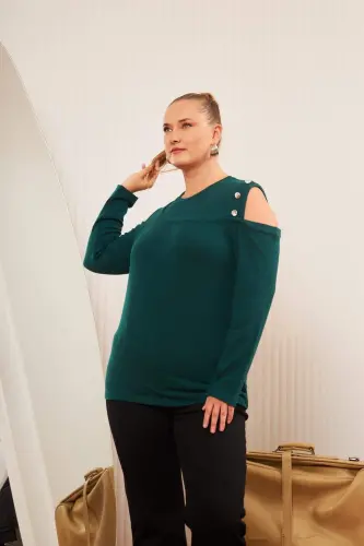 Большая блузка с открытыми плечами, изумрудного цвета. - 4