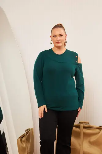 Большая блузка с открытыми плечами, изумрудного цвета. - 5
