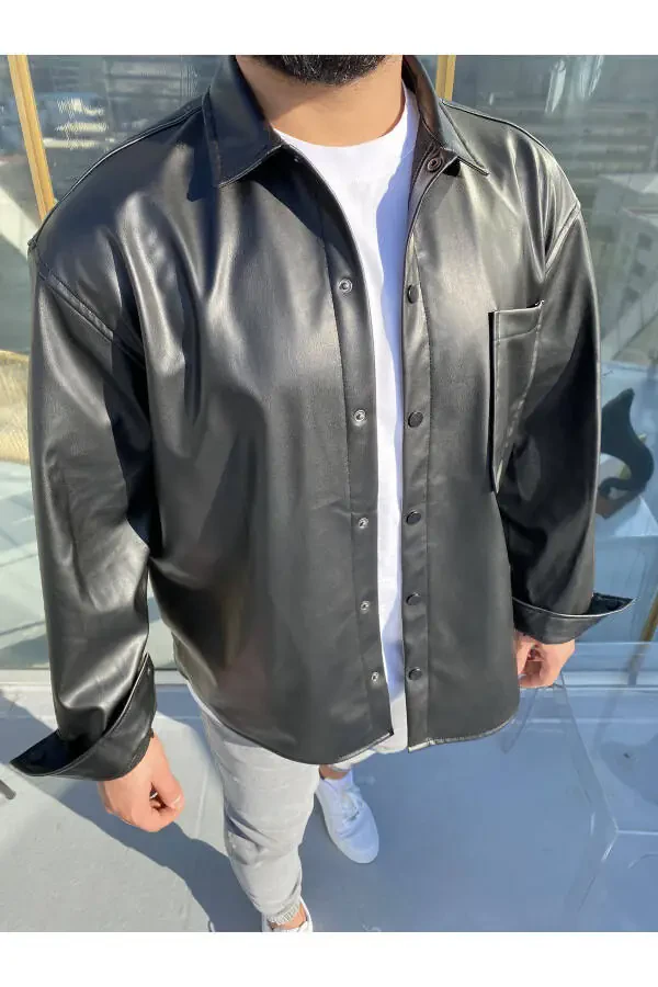 Большая черная кожаная куртка / рубашка - 1