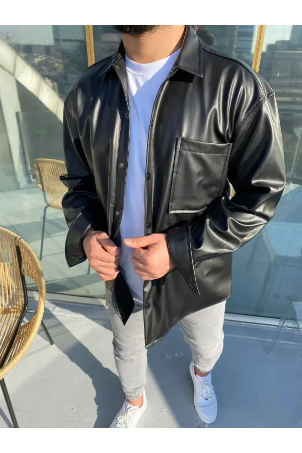 Большая черная кожаная куртка / рубашка - 3