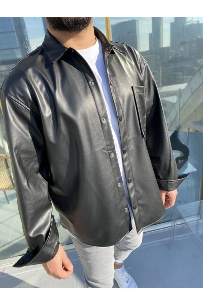 Большая черная кожаная куртка / рубашка - 4