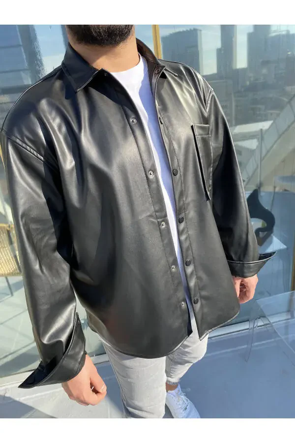 Большая черная кожаная куртка / рубашка - 4