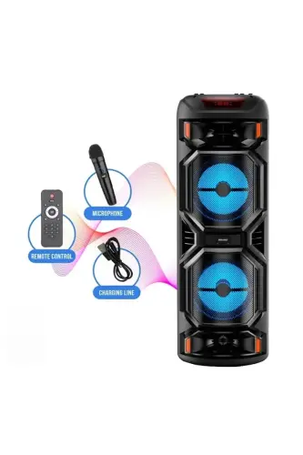Большая портативная Bluetooth-колонка Party Box с подсветкой, радио и караоке-микрофоном, с возможностью зарядки. - 4
