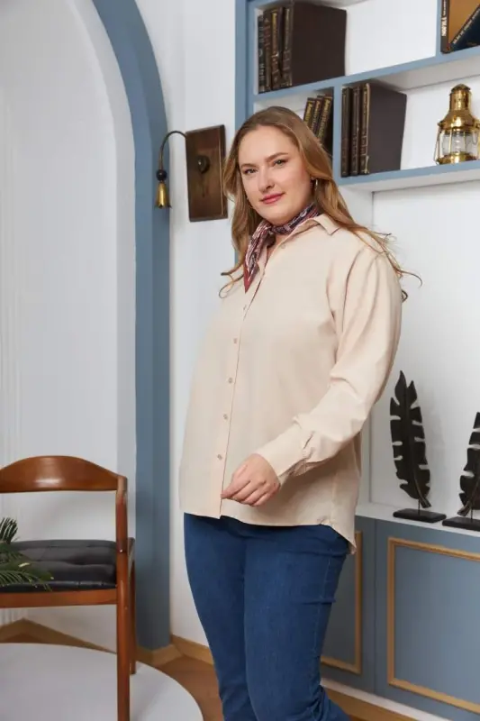 Большая Свободная Рубашка с Длинным Рукавом Кремового Цвета - 2