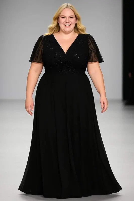 Большая женская вечерняя платье больших размеров с V-образным вырезом и короткими рукавами ND4026 - BÜYÜKBEDENIZ