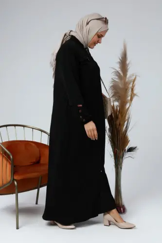 Большие Размеры Женская Мусульманская Длинная Ферaдже Летнее Платье с Пуговицами на Рукавах - Черный - 3