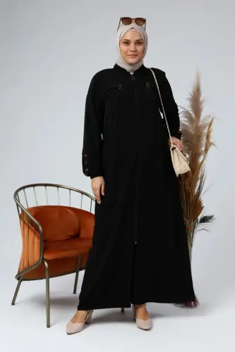 Большие Размеры Женская Мусульманская Длинная Ферaдже Летнее Платье с Пуговицами на Рукавах - Черный - 6