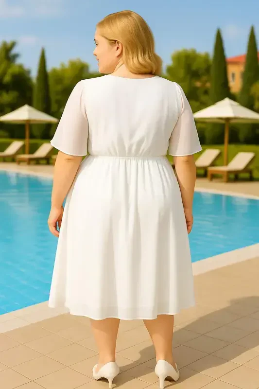 Большое платье с эластичной талией, накидкой и удобными шифоновыми рукавами KL3096, белое. - 2