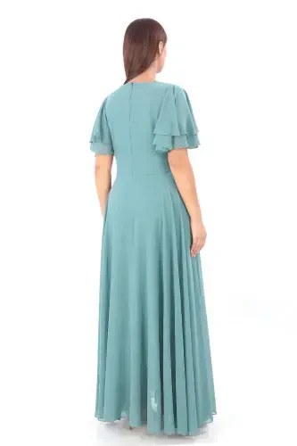 Большое женское платье размера с рукавами-накидками, с вышивкой, струящееся, с чагли в зеленом шифоне KL3045 - 5