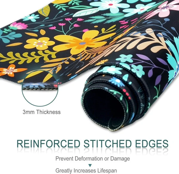 Большой игровой коврик для мыши, 35,5x15,75 Нескользящий большой коврик для мыши с прошитыми краями Водонепроницаемый коврик для клавиатуры и мыши Защитник рабочего стола для игр, офиса и дома, Черные цветущие цветы - 4