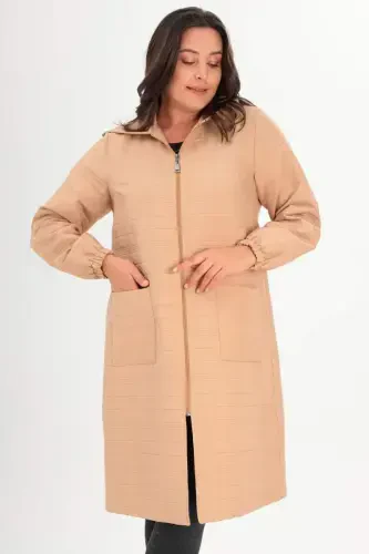 Большой клетчатый узор, бежевая куртка на молнии. - BÜYÜKBEDENIZ (1)