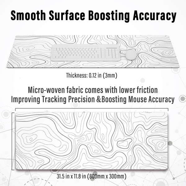Большой коврик для мыши, нескользящая резиновая основа для клавиатуры и мыши, большой коврик для мыши для дома и офиса (белый с черной топографической линией) - 8