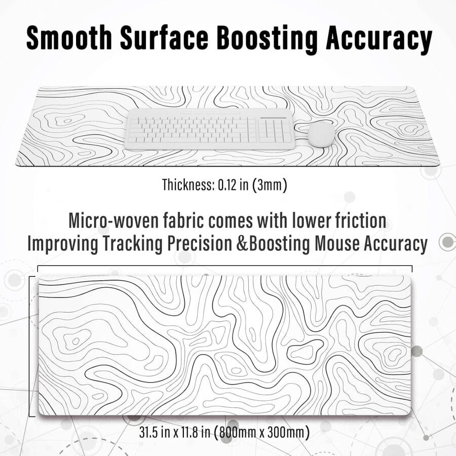 Большой коврик для мыши, нескользящая резиновая основа для клавиатуры и мыши, большой коврик для мыши для дома и офиса (белый с черной топографической линией) - 8