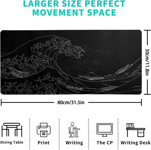 Большой коврик для мыши с волной Японского моря, аниме-коврик для мыши для игр черного цвета, расширенный коврик для мыши Канадзавы, коврик для стола, 3 мм толщиной, длинный коврик для мыши с нескользящей резиновой основой, 31,5 х 11,8 дюймов - 10