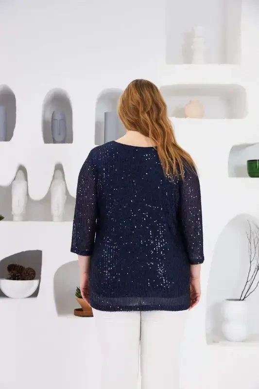 Большой размер, блузка с подкладкой и пайетками, темно-синяя. - 6