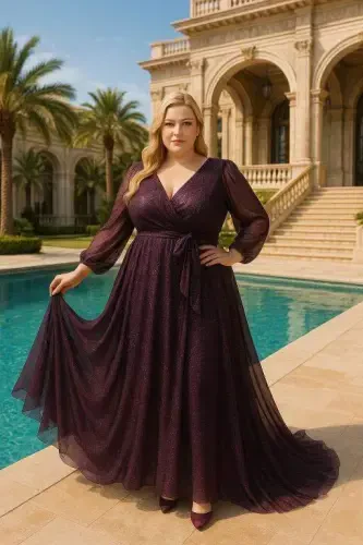 Большой размер, длинное платье с блестками, фиолетовое вечернее платье KL3047. - 1