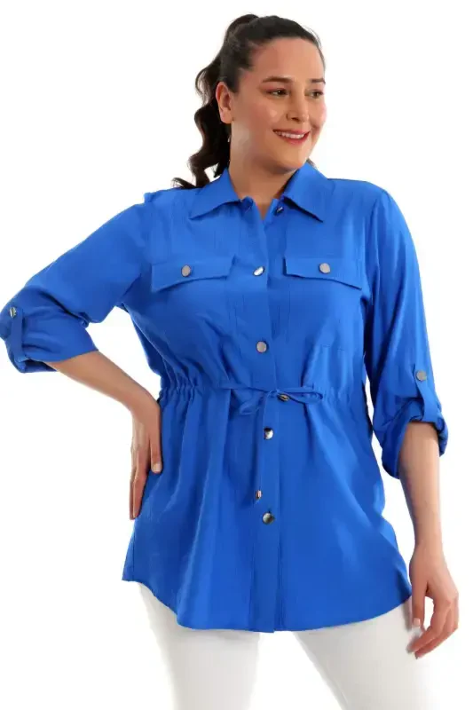 Большой размер индиго куртка с капюшоном на завязках и карманами - 3