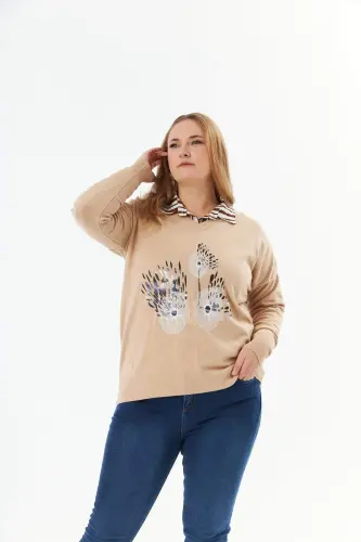 Большой размер, кашемировая смесь, V-образный вырез, трикотажный свитер с принтом, цвет норки - BÜYÜKBEDENIZ (1)