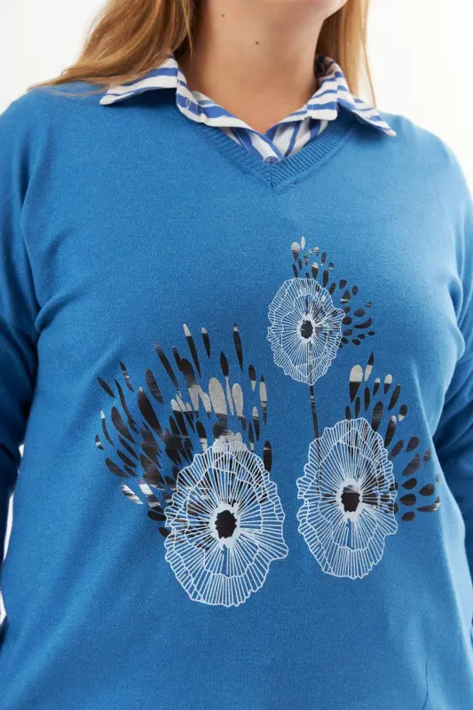 Большой размер кашемировой смеси V-образный вырез с принтом трикотажный свитер индиго - 11