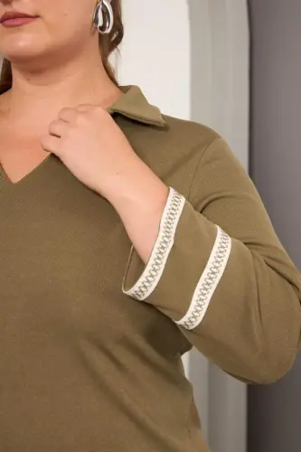 Большой размер, рукав с вышивкой, вязаная блузка, хаки - 4