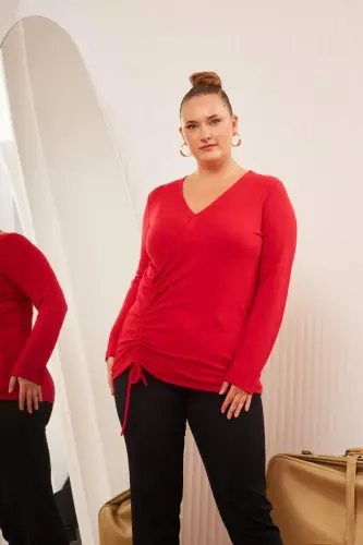 Большой размер V-образный трикотажный топ красного цвета - 5