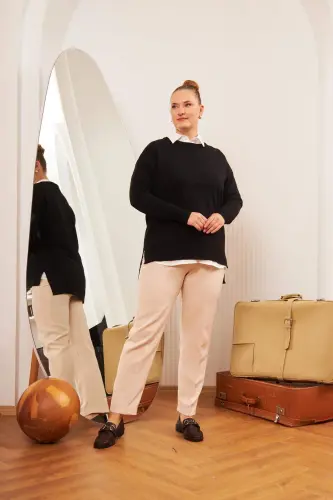 Большой размер, велосипедный воротник, трикотажный свитер, черный - 6