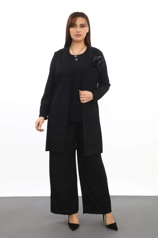 Большой размер женский блестящий 3-х часный костюм из брюк, блузки, пиджака KL3081 Черный - 4