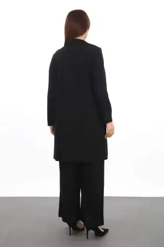 Большой размер женский блестящий 3-х часный костюм из брюк, блузки, пиджака KL3081 Черный - 5