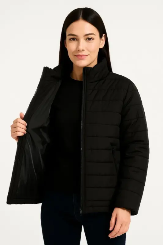 Bomber Jacket - Water Repellent Fabric, Quilted Lined, Zip Fastening, Winter - Black - BÜYÜKBEDENIZ