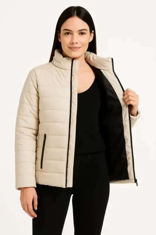 Bomber Jacket - Water Repellent Fabric, Quilted Lined, Zippered, Winter - Beige - BÜYÜKBEDENIZ
