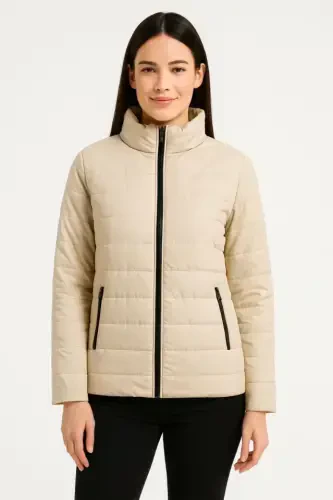 Bomber Jacket - Water Repellent Fabric, Quilted Lined, Zippered, Winter - Beige - 3