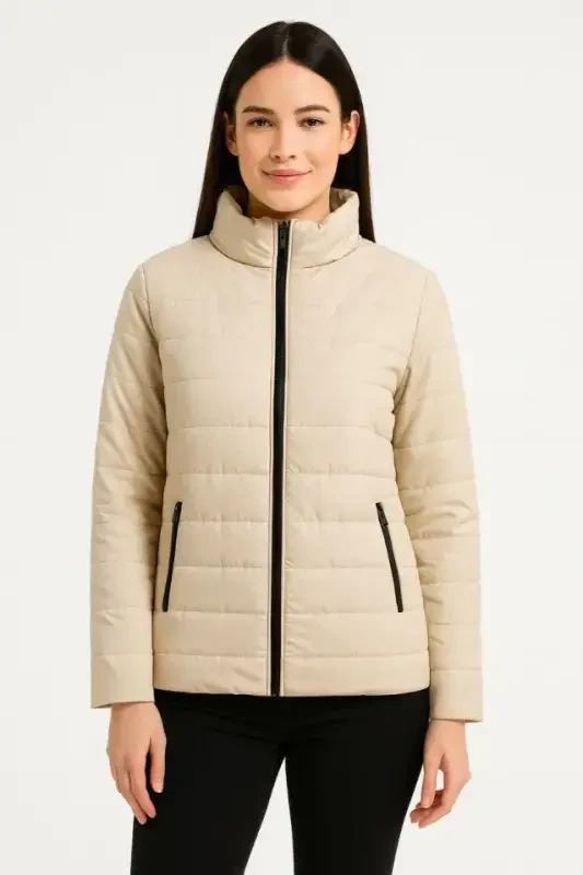 Bomber Jacket - Water Repellent Fabric, Quilted Lined, Zippered, Winter - Beige - 3