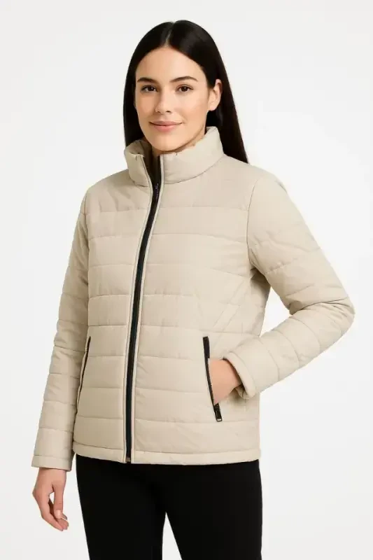 Bomber Jacket - Water Repellent Fabric, Quilted Lined, Zippered, Winter - Beige - 4