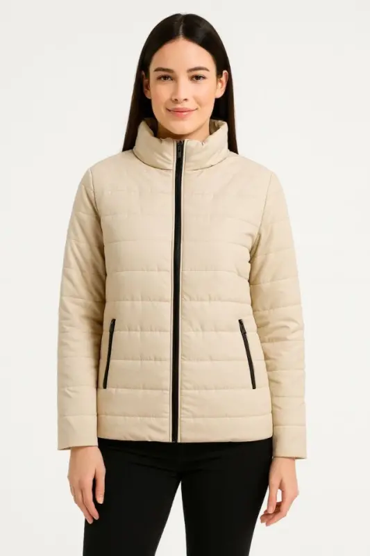 Bomber Jacket - Water Repellent Fabric, Quilted Lined, Zippered, Winter - Beige - 3