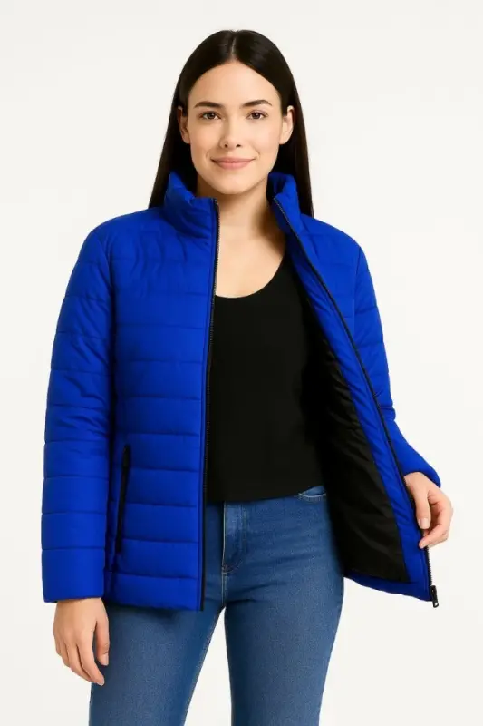 Bomber Jacket - Water Repellent Fabric, Quilted Lining, Zippered, Winter - Sapphire Blue - BÜYÜKBEDENIZ