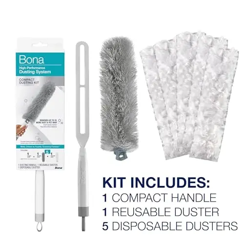 Bona High Performance Dusting System - 1 Compact Handle, 5 Disposable Dusters, & 1 Reusable Duster - Compact Dusting Kit Removes Dust & Pet Hair - 2