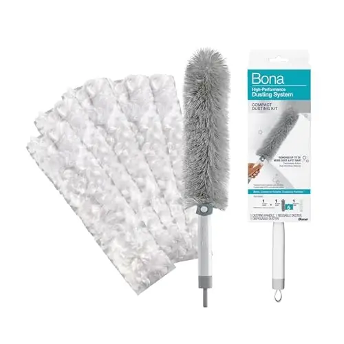 Bona High Performance Dusting System - 1 Compact Handle, 5 Disposable Dusters, & 1 Reusable Duster - Compact Dusting Kit Removes Dust & Pet Hair - 1