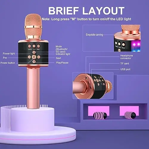 BONAOK Karaoke Microphone for Kids & Adults - Bluetooth Microphones Singing Mic with Disco Lights, Echo Effect, Built-in Speaker Portable Karaoke Player for Party Travel Gifts Q78(Rose Gold) - 4