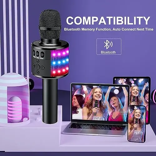 BONAOK Karaoke Microphone for Kids & Adults - Bluetooth Microphones Singing Mic with Disco Lights, Echo Effect, Built-in Speaker Portable Karaoke Player for Party Travel Gifts Q78(Black) - 4