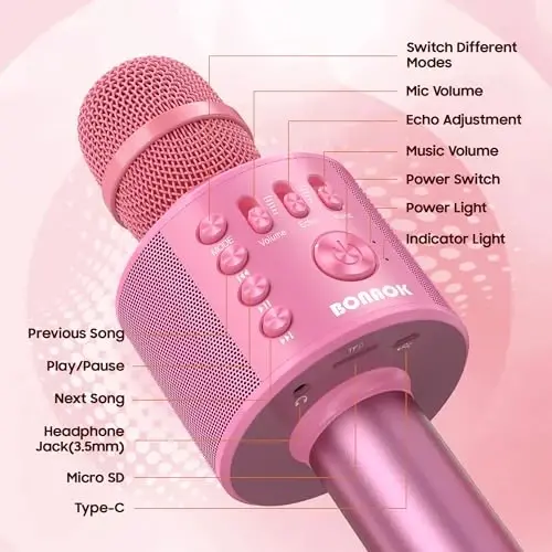 BONAOK Bluetooth Karaoke Microphone, Portable Mic for Adults Kids | Bluetooth 5.0, Echo Mode,Built-in Speaker, SD Card, for iPhone iPad, Handheld,Home Karaoke,Party,Gifts - 5