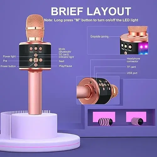 BONAOK Bluetooth Simsiz Karоke Mikrofoni LED Chiroqlari bilan, 4-in-1 Qo'lda Tutma Mikrofoni va Dinamigi bilan Karaoke Pleyeri Bolalar va Voyaga Yetganlar Uchun 78-Uy(Oltin Pushti) - 4