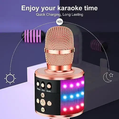 BONAOK Bluetooth Simsiz Karоke Mikrofoni LED Chiroqlari bilan, 4-in-1 Qo'lda Tutma Mikrofoni va Dinamigi bilan Karaoke Pleyeri Bolalar va Voyaga Yetganlar Uchun 78-Uy(Oltin Pushti) - 5