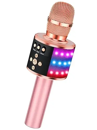 BONAOK Bluetooth Simsiz Karоke Mikrofoni LED Chiroqlari bilan, 4-in-1 Qo'lda Tutma Mikrofoni va Dinamigi bilan Karaoke Pleyeri Bolalar va Voyaga Yetganlar Uchun 78-Uy(Oltin Pushti) - 1