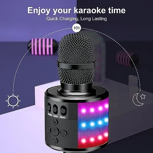 BONAOK Bluetooth Wireless Karaoke Microphone with LED Lights, 4-in-1 Portable Handheld Mic with Speaker Karaoke Player Singing Home Party Toys Birthday Gift for Kids Adults Boys Girls Q78(Black) - 3
