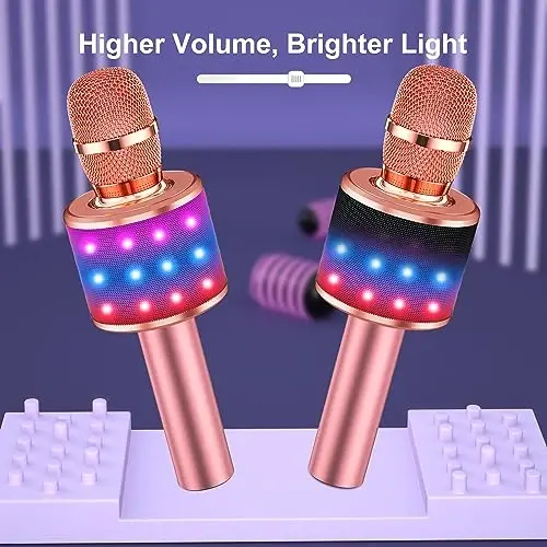 BONAOK Bluetooth Wireless Karaoke Microphone with LED Lights,4-in-1 Portable Handheld Mic with Speaker Karaoke Player for Singing Home Party Toys Birthday Gift for Kids Adults Girls Q78(Rose Gold) - 6