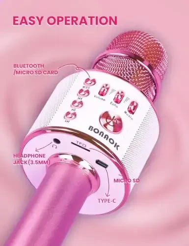 BONAOK Kids Karaoke Microphone, Wireless Bluetooth Microphone for Singing, Gift for Kids, Adults, Girls, Boys, Christmas Kids Toys Gifts for Ages 3, 4, 5, 6, 7, 8+ Years Old (Light Pinkcolor) - 5